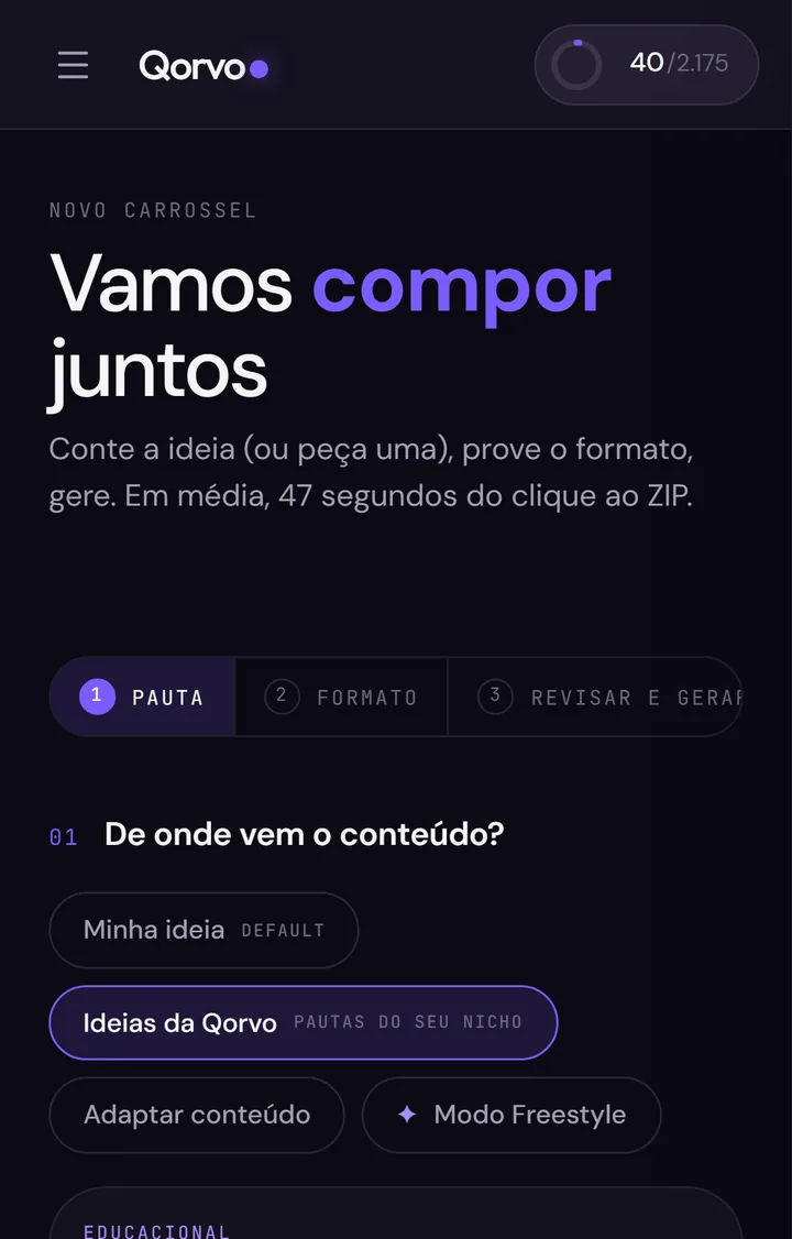 Tela da Qorvo para escolher de onde vem o conteúdo: sua ideia, ideias do nicho ou adaptar um conteúdo
